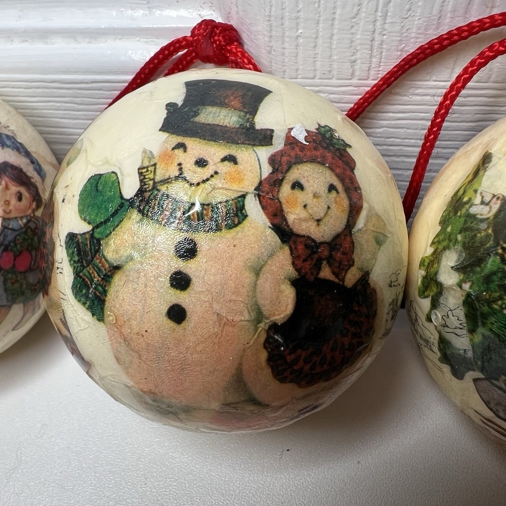 Set Of 3-Vintage Paper Mache Snowman And Children Ornament